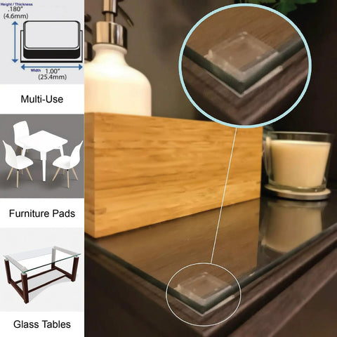 Self Adhesive 1 Inch Square Rubber Bumpers Pack Of 20 shown on glass table corner for anti scratch and non slip use