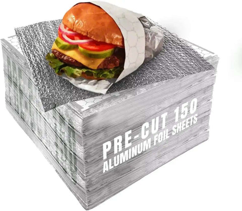 Stack of pre-cut 150 aluminum foil sheets with a wrapped burger on top, 10.75 x 14 inches, keeps food warm or cold longer.