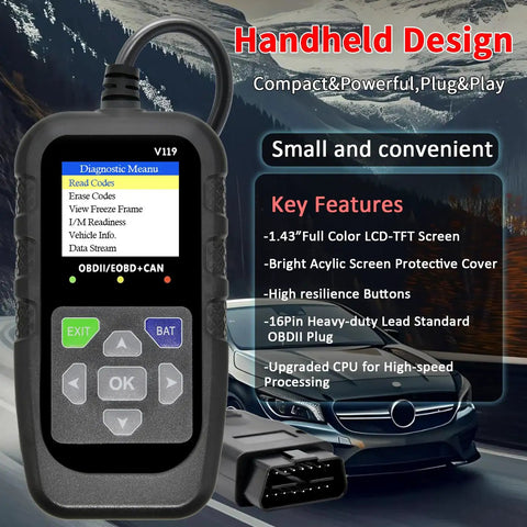 OBD2 Scanner Diagnostic Tool With Code Reader And Voltage Tester for cars and trucks, handheld with LCD display and buttons