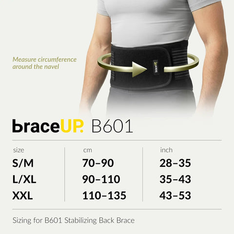 Back Support Belt For Lower Back Pain Relief With Breathable Lumbar Wrap And Dual Adjustable Straps For Men And Women All Day Comfort Great For Sciatica Herniated Disc And Scoliosis 35 To 43 Inches L XL shown on model with sizing chart