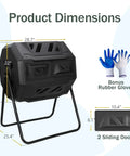 43 Gallon Outdoor Dual Chamber Tumbling Compost Bin With Two Sliding Doors And 360 Degree Rotation displayed with dimensions and gloves