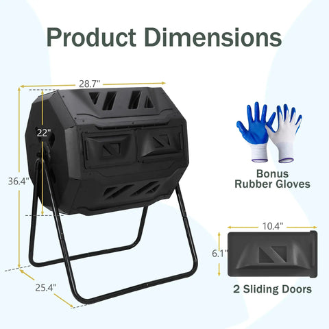 43 Gallon Outdoor Dual Chamber Tumbling Compost Bin With Two Sliding Doors And 360 Degree Rotation displayed with dimensions and gloves