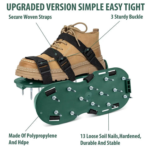 Green Heavy Duty Lawn Aerator Shoes With Spikes And Straps, One Size Fits All, shown with secure straps and buckles
