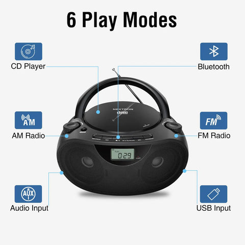 Portable CD Player Bluetooth Boombox With AM FM Radio USB Aux In Headphone Jack MP3 CD Compatible Bass Boost Stereo Sound