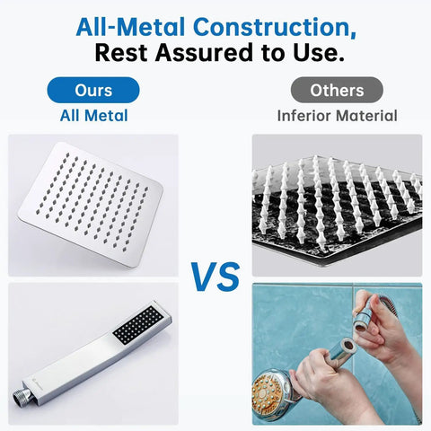 Comparison of all-metal shower head with inferior material, featuring All Metal 10 Inch Rainfall Shower Head With Handheld Spray Combo