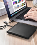 External CD DVD Drive For Laptop And Mac With Case USB 3 Type-C Plug And Play For Reading Burning And Watching CDs And DVDs On The Go Wide Compatibility Compact Portable Design, black slim drive connected to MacBook