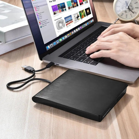 External CD DVD Drive For Laptop And Mac With Case USB 3 Type-C Plug And Play For Reading Burning And Watching CDs And DVDs On The Go Wide Compatibility Compact Portable Design, black slim drive connected to MacBook