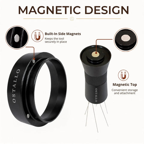 Straight Up Pro 54mm Espresso Accessories Kit with magnetic design feature, showcasing built-in side magnets and top.