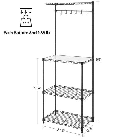 Sleek Adjustable Baker Rack Featuring Four Roomy Tiered Shelves And Six Sturdy Hanging Hooks Delivering A Straight Up Kitchen Game Changer For Counter Storage