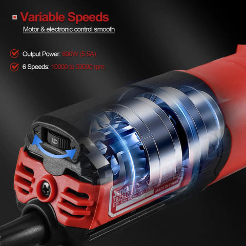 Side view of 6-speed Six Inch Extra Long Extension Electric Die Grinder With Quarter Inch Collet Variable Speed Corded Power Tool