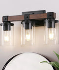 Farmhouse Vanity Lights For Bathroom, 3 Light Wall Sconce Over Mirror With Clear Glass Shades, Vintage Rustic Black Metal Frame, E26 Base, Dope For Vanity Table Or Living Room.