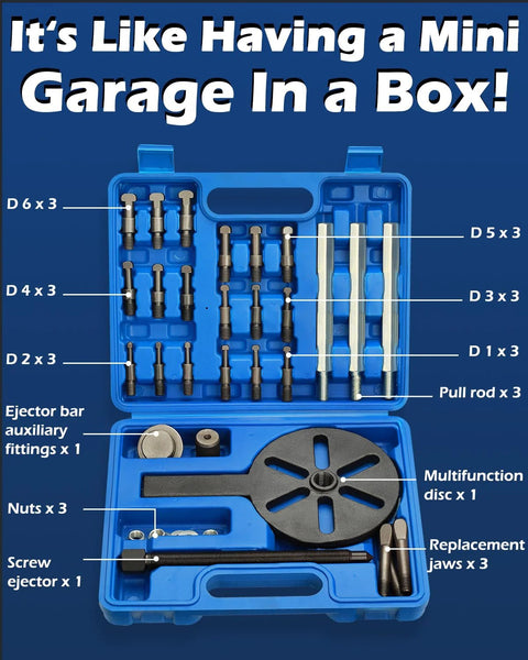 GallopMax 21-in-1 bearing puller set in blue case; includes three-jaw puller, pull rods, steel collets and replacement jaws.