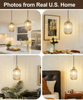 Two Pack Top Tier Amber Cylinder Pendant Lights With Vintage Ribbed Hand Blown Glass And Brushed Gold Adjustable Fixtures in kitchen and dining settings.
