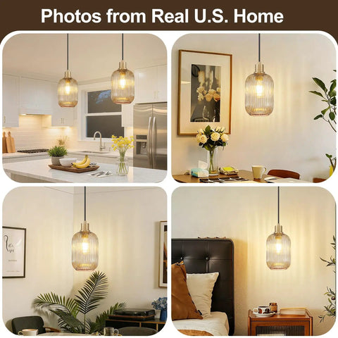 Two Pack Top Tier Amber Cylinder Pendant Lights With Vintage Ribbed Hand Blown Glass And Brushed Gold Adjustable Fixtures in kitchen and dining settings.