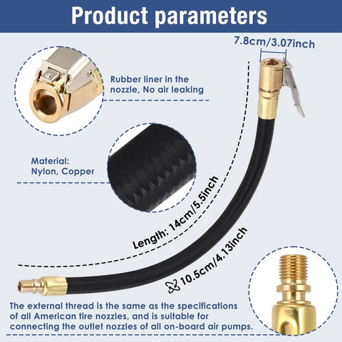 Tire Inflator Extension Hose With Quick Inflation Chuck Adapter with nylon, copper, 14cm length, 300 PSI rating