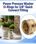 Person using pressure washer, featuring brass quick connect fitting, part of 90 Piece Rubber Garden Hose Washer Kit With 8 Universal Sizes.