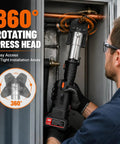 Heavy Duty 60KN Brushless Cordless Pipe Crimping Tool With 18V Battery hydraulic press kit shown in tight space with 360° rotating head.