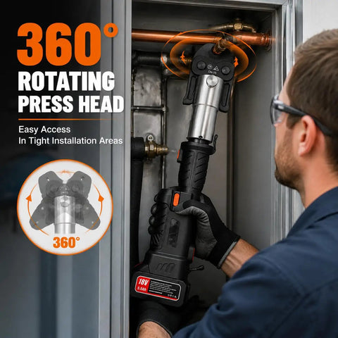 Heavy Duty 60KN Brushless Cordless Pipe Crimping Tool With 18V Battery hydraulic press kit shown in tight space with 360° rotating head.
