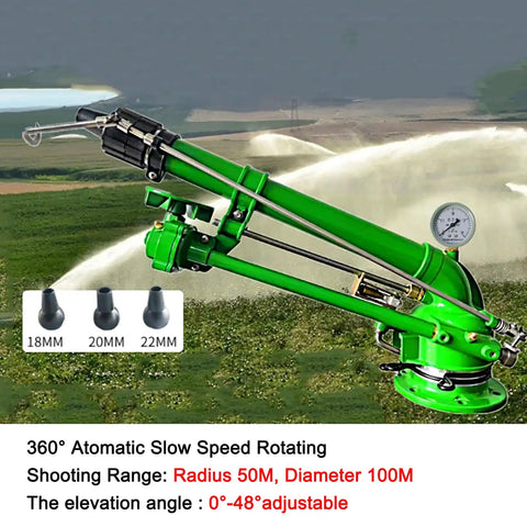 Pro Grade Pressure Gauge Irrigation Sprayer Gun For Farm And Garden, 360 Degree Sprinkler With 0 To 48 Degree Tilt on green lawn