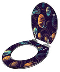 Toilet Seat with Decorative Cover for Bathroom featuring colorful planet design, open view showing dimensions.