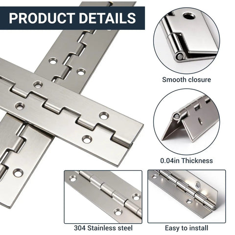 Close-up of Super Solid 12 Inch Stainless Steel Piano Hinge With Pre Drilled Holes And Screw Kit Crafted From Top Shelf Grade 304 Metal For Toolboxes Cabinets And Diy Projects Hella Durable With Easy Trim To Fit Assembly And No Regrets Ever.