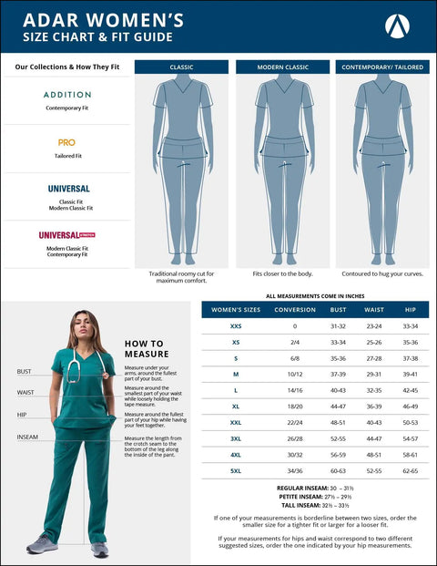Women's size chart and fit guide for contemporary fit, modern classic, and classic styles with measurement instructions.