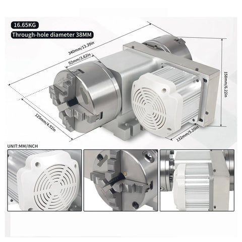 Hella Precise Cnc Rotary Fourth Axis With Adjustable Speed Servo Controller 125Mm Three Or Four Jaw Chuck 38Mm Through Bore indexing head image showing dimensions and details.
