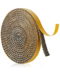 Fiberglass rope fireplace gasket roll with yellow adhesive backing; 6.56 ft long, 0.4 in wide, 0.08 in thick.