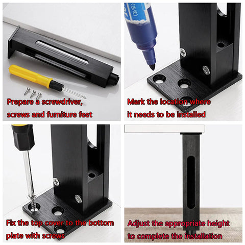 Installation steps for Built Different Heavy Duty Aluminum Desk Legs Featuring Adjustable Furniture Feet for Sofas Tables and Beds.
