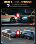 Built-in G-sensor of Dual 4K Front And Rear Dash Cam For Cars With Free 128GB Card shown during a collision and parked cars scenario.