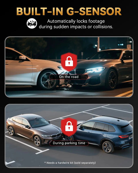 Built-in G-sensor of Dual 4K Front And Rear Dash Cam For Cars With Free 128GB Card shown during a collision and parked cars scenario.