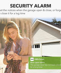 Woman using smartphone with Smart WiFi Garage Door Opener With Remote Control, Alexa And Google Home Ready, No Hub Needed, White alert