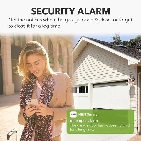 Woman using smartphone with Smart WiFi Garage Door Opener With Remote Control, Alexa And Google Home Ready, No Hub Needed, White alert