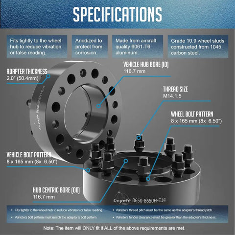 Bullet Proof Hub Centric Wheel Spacers 2 Inch Thick Forged 6061 Aluminum 8X6.5 Bolt Pattern 116.7mm Bore M14x1.5 Studs Fits CHEVY Silverado GMC Sierra 2500 3500 Front Only Roll Wider Today - specifications diagram.