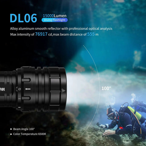 Diving Flashlight DL06 Max 15000 Lumen Scuba Light With 6 LEDs 100 Degree Beam IPX8 Waterproof undersea illustration.