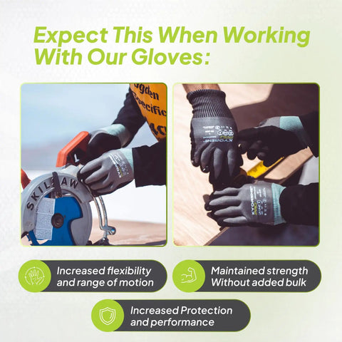 Cut Resistant Work Gloves 00-840 ANSI A4 Graphene Nitrile Coated, machine washable, worn by workers using tools and equipment.
