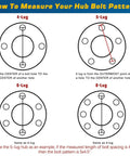 Diagram showing how to measure hub bolt patterns for 4-lug, 5-lug, 6-lug, and 8-lug on Two Sets 5 On 4.5 Inch Trailer Hub Kit For 2000 Lbs Axles Fits 1 In Or 1-1/16 In Straight Spindles 5 Lug 4-1/2 Inch Circle Idler Hub With Extra Dust Cap And Rubber Plug.