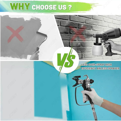 Comparison of traditional roller painting vs. Heavy Duty 1600W Airless Paint Sprayer With Two Liter Tank and Five Meter Hose.