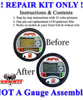 Before and after of LCD gauge with Not A Gauge Assembly Repair Kit For LCD Info Gauge Center Display With Diffuser Film.