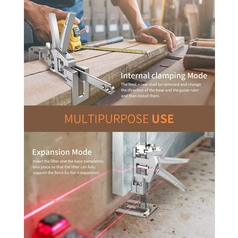 2 Piece Adjustable Hand Jack Lifter Set demonstrating internal clamping and expansion modes for precise leveling tasks.