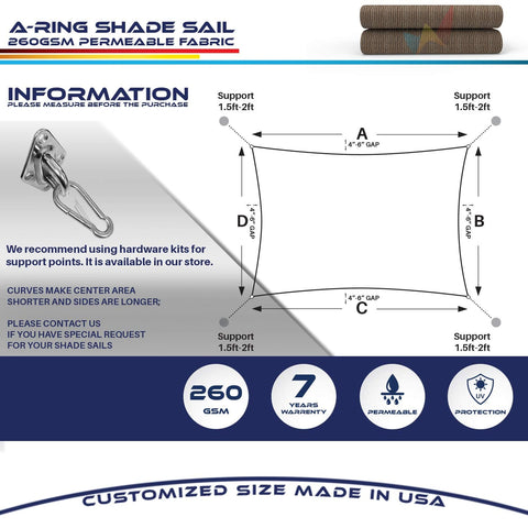 Diagram showing 18 By 22 Ft Sun Shade Sail With A Ring Wire Rope, setup guide and specifications, breathable 260 GSM fabric.