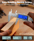Person measuring wood block with 6 Inch Digital Caliper With Rechargeable Battery And Type C Charging Backlit LCD Screen