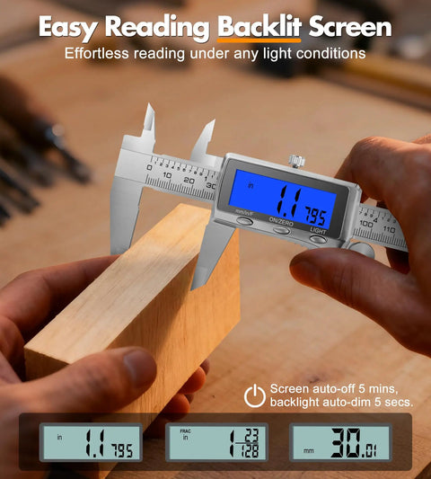 Person measuring wood block with 6 Inch Digital Caliper With Rechargeable Battery And Type C Charging Backlit LCD Screen