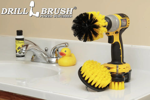 Power Scrub Drill Brush Attachment Set For Bathroom Tile Grout Cleaning with nylon bristles on a cordless drill