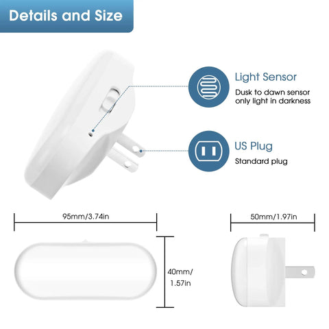 Night Light Plug In Wall 1W 5000K Daylight LED With Dusk To Dawn Sensor Dimmable 0 To 100LM size and details