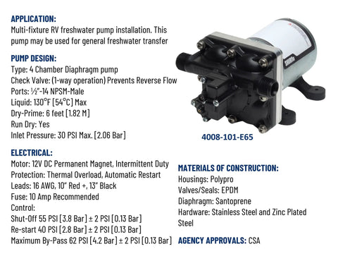 Specifications and image of RV Fresh Water Pump 12V 3.0 GPM 55 PSI Quiet Automatic Demand Diaphragm Bypass Pump
