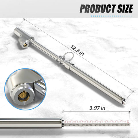 MEANLIN MEASURE tire pressure gauge, side view, silver stainless steel, dual-head, 12.3 in long