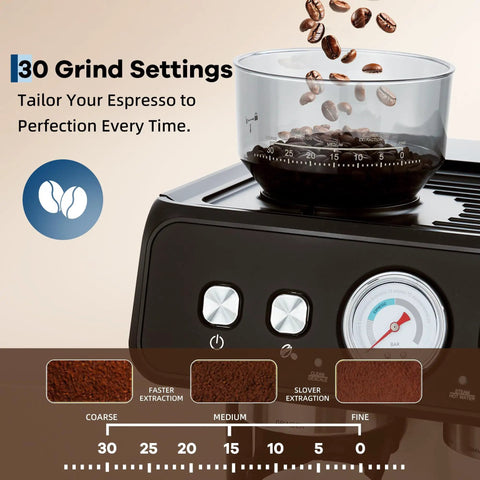 Top Shelf Stainless Steel Espresso Maker Featuring Built In Grinder And 20 Bar Pressure With Custom Shot Dial Plus Quick Steam Wand for precise 30 grind settings.