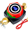 Upgraded Battery Disconnect Switch With Bright Digital Voltage Meter And Tailgate Ready Kill Isolator For Auto Rv Truck Marine Negative Terminal Battery Shield view showing digital display and battery terminals.