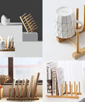 Slick Countertop Space Saver Bamboo Dish Rack And Vertical Plate Lid Organizer Holds Six Cutting Boards And Cups Books, displaying dishes and books.